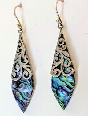 Sterling Silver Filigree & Irridescent Teardrop Abalone Earrings ATI 925 2.25"